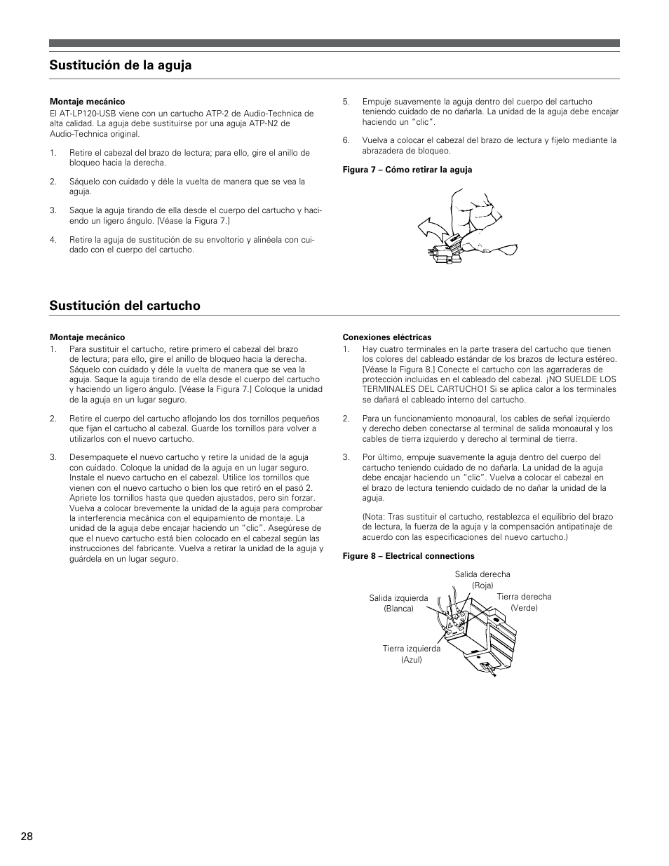 Sustitución de la aguja, Sustitución del cartucho | Audio-Technica AT-LP120-USB User Manual | Page 28 / 32