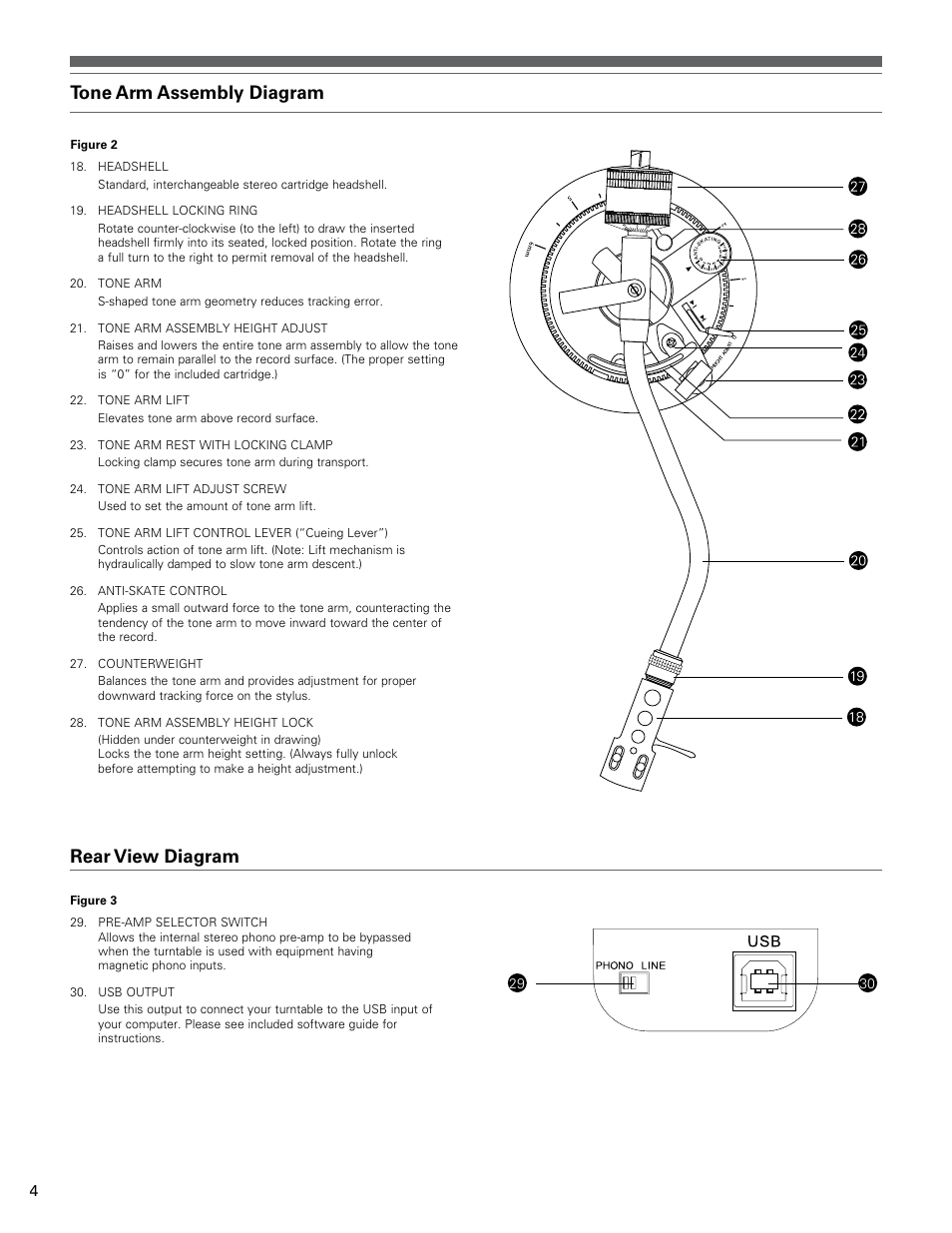 Tone arm assembly diagram, Rear view diagram | Audio-Technica AT-LP120-USB User Manual | Page 4 / 32