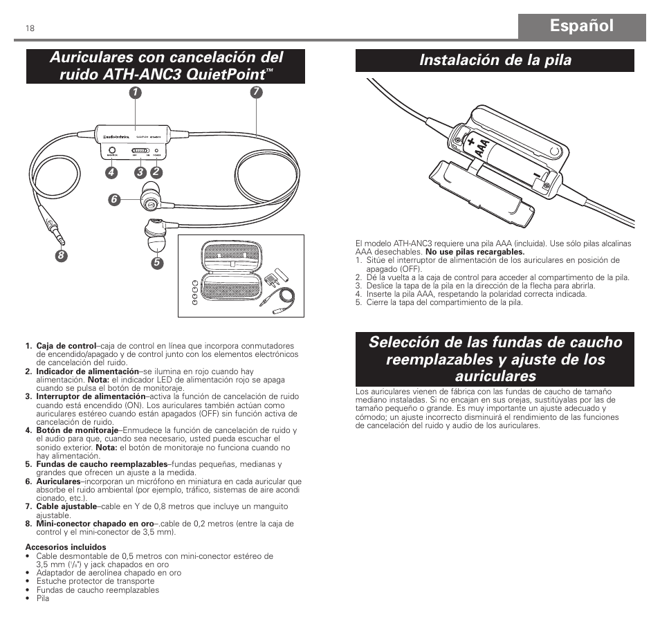 Español | Audio-Technica ATH-ANC3 User Manual | Page 10 / 21