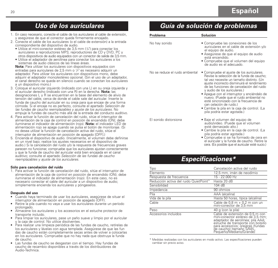 Español, Uso de los auriculares, Guía de solución de problemas | Especificaciones | Audio-Technica ATH-ANC3 User Manual | Page 11 / 21