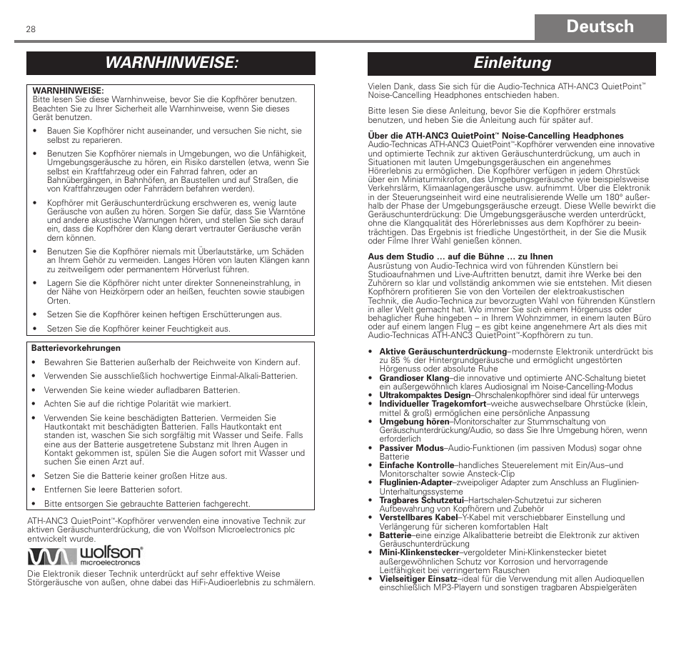 Deutsch, Warnhinweise, Einleitung | Audio-Technica ATH-ANC3 User Manual | Page 15 / 21