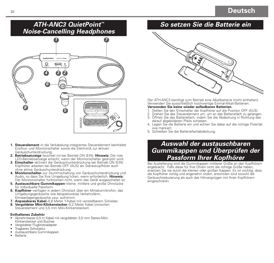 Deutsch, Ath-anc3 quietpoint, Noise-cancelling headphones | So setzen sie die batterie ein | Audio-Technica ATH-ANC3 User Manual | Page 16 / 21