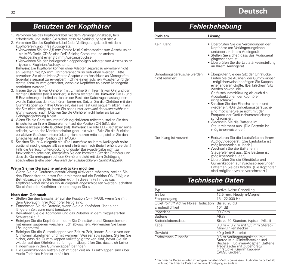 Deutsch, Benutzen der kopfhörer, Fehlerbehebung | Technische daten | Audio-Technica ATH-ANC3 User Manual | Page 17 / 21