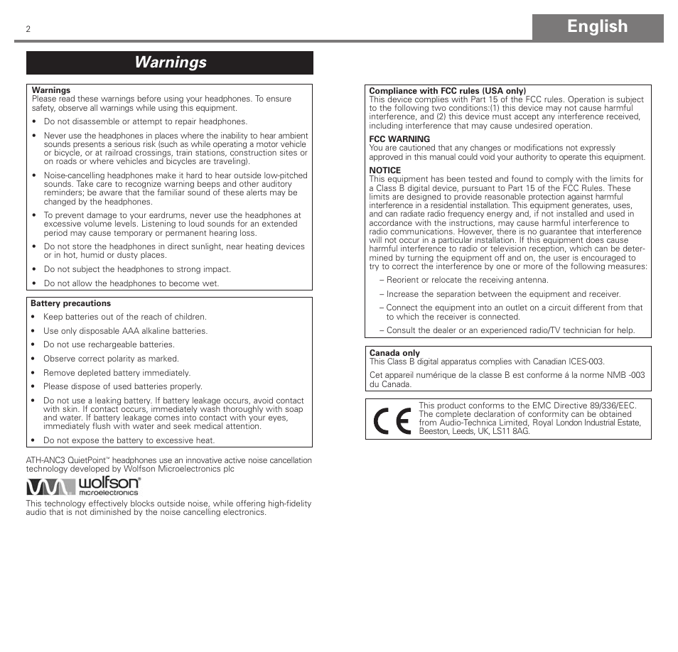 English, Warnings | Audio-Technica ATH-ANC3 User Manual | Page 2 / 21