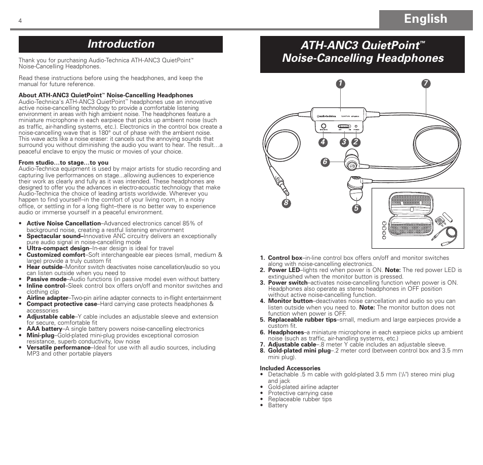 English, Introduction ath-anc3 quietpoint, Noise-cancelling headphones | Audio-Technica ATH-ANC3 User Manual | Page 3 / 21