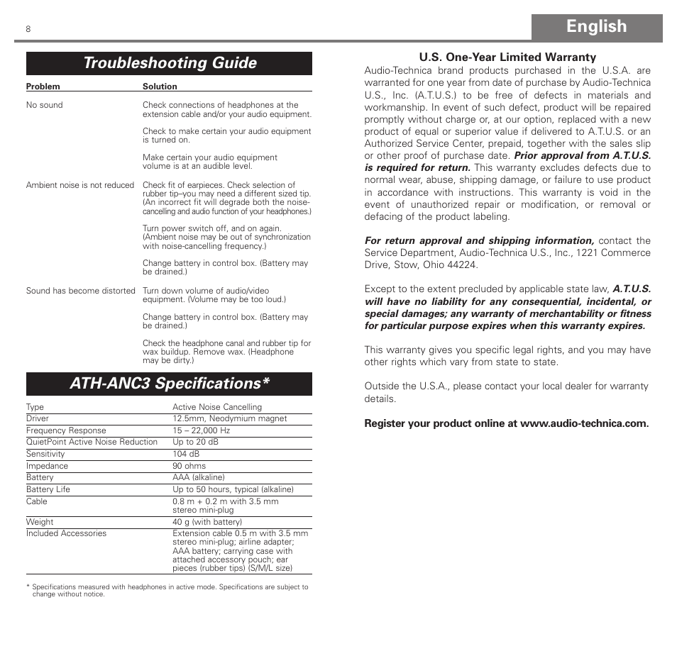 English, Troubleshooting guide, Ath-anc3 specifications | Audio-Technica ATH-ANC3 User Manual | Page 5 / 21