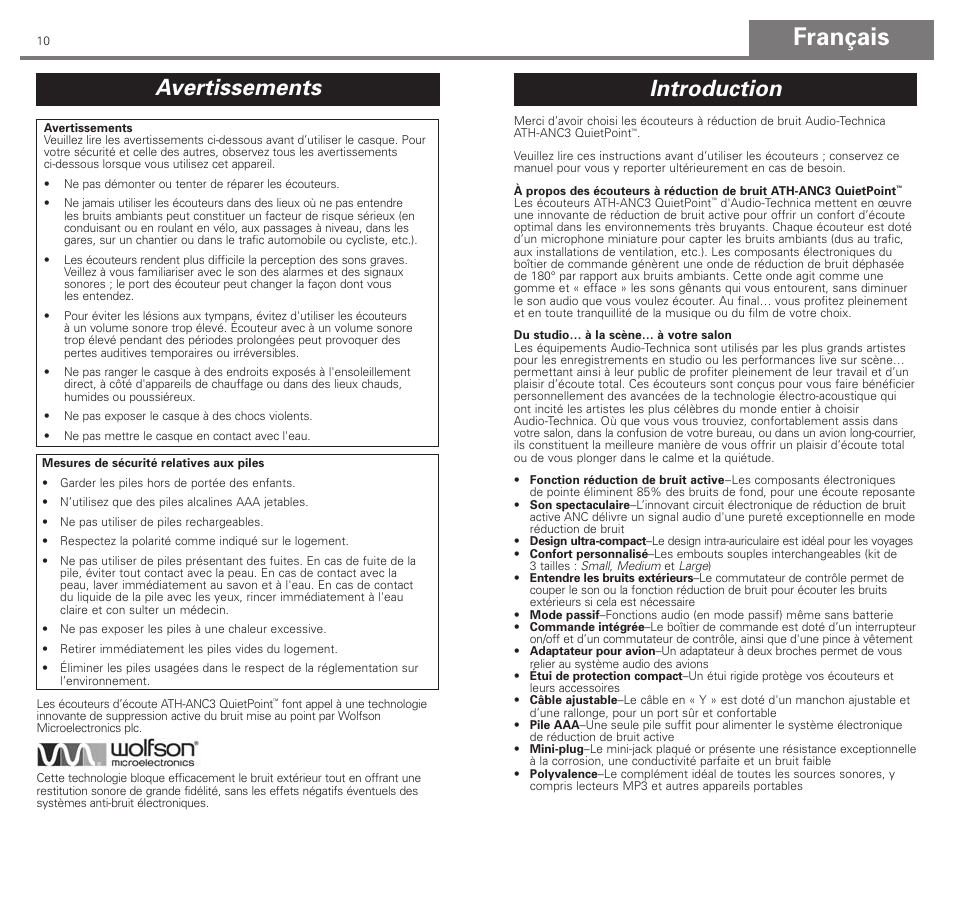 Français, Avertissements, Introduction | Audio-Technica ATH-ANC3 User Manual | Page 6 / 21