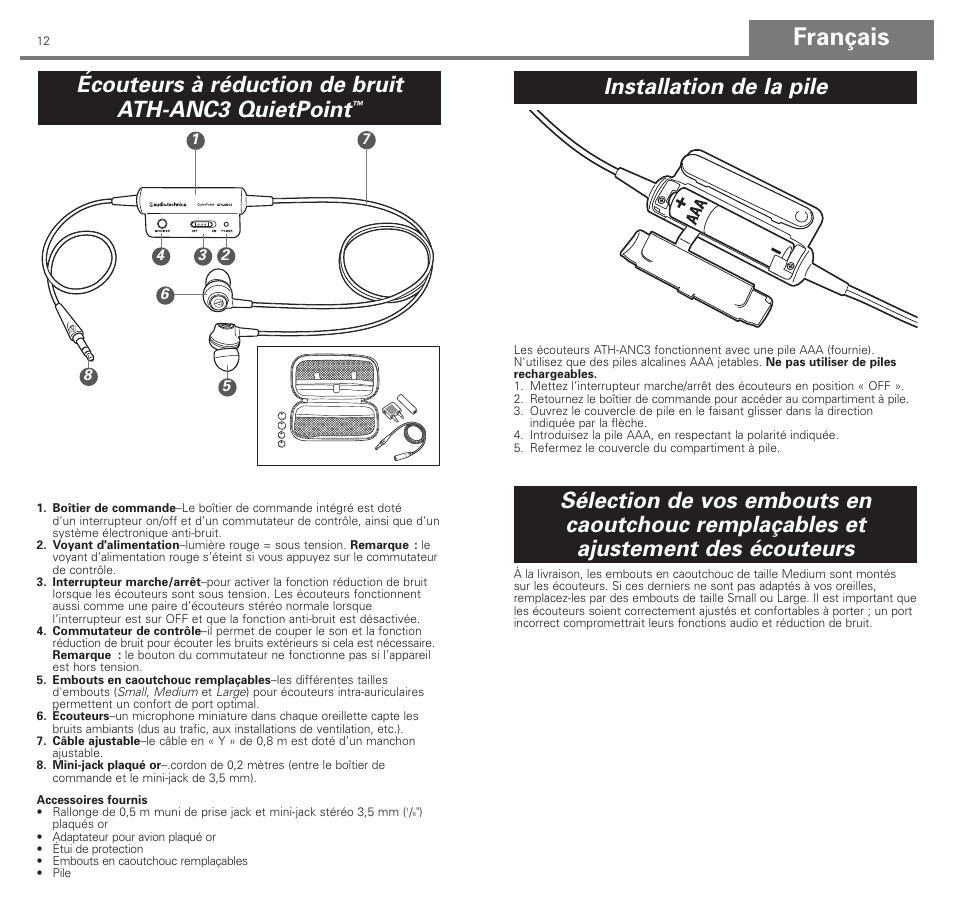 Français, Écouteurs à réduction de bruit ath-anc3 quietpoint | Audio-Technica ATH-ANC3 User Manual | Page 7 / 21