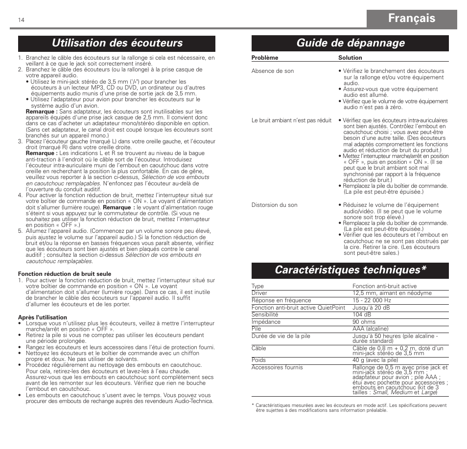 Français, Utilisation des écouteurs, Guide de dépannage | Caractéristiques techniques | Audio-Technica ATH-ANC3 User Manual | Page 8 / 21