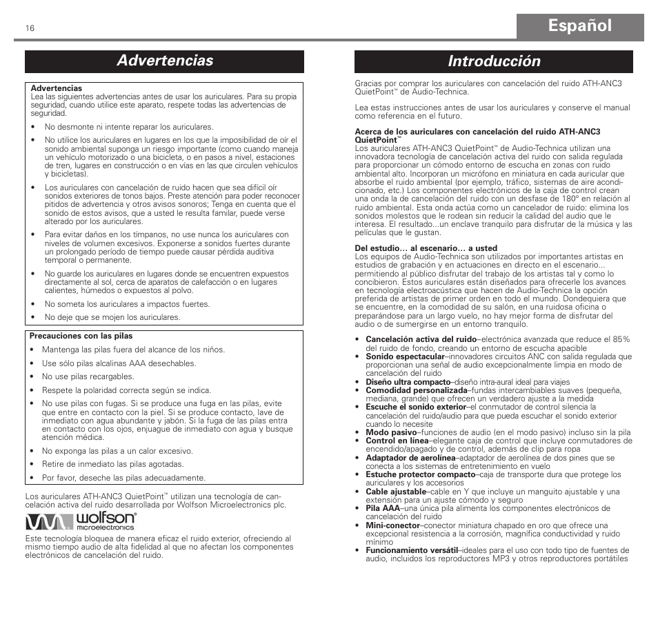 Español, Advertencias, Introducción | Audio-Technica ATH-ANC3 User Manual | Page 9 / 21