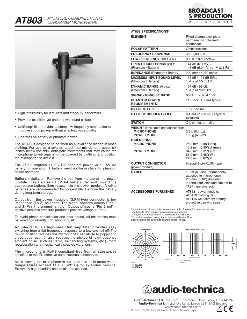 Audio-Technica AT803 User Manual | 1 page