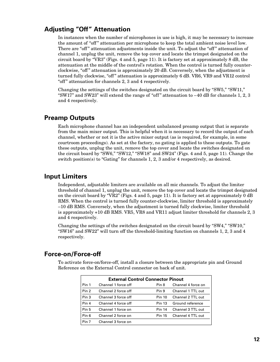 Adjusting ”off” attenuation, Preamp outputs, Input limiters | Force-on/force-off | Audio-Technica AT-MX351 User Manual | Page 11 / 15