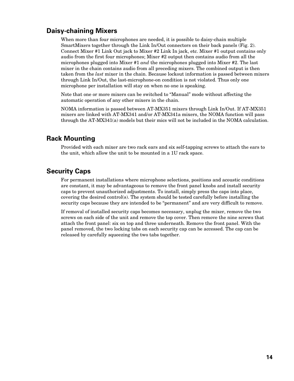 Daisy-chaining mixers, Rack mounting, Security caps | Audio-Technica AT-MX351 User Manual | Page 13 / 15