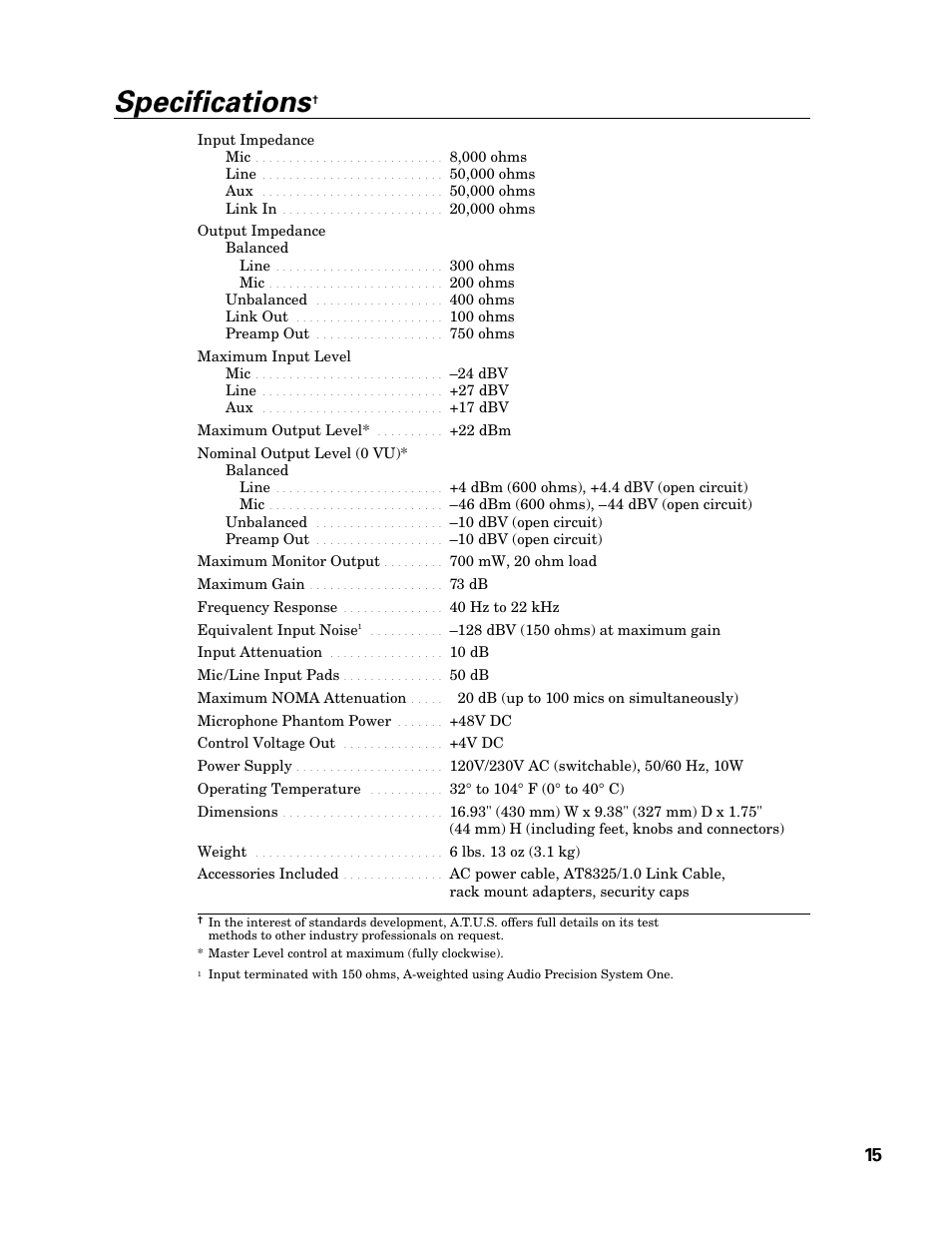 Specifications | Audio-Technica AT-MX351 User Manual | Page 14 / 15