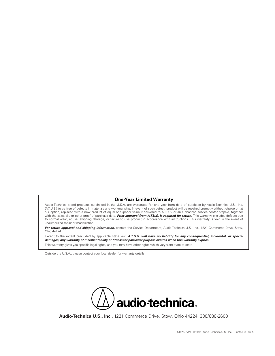 One-year limited warranty | Audio-Technica AT-MX351 User Manual | Page 15 / 15