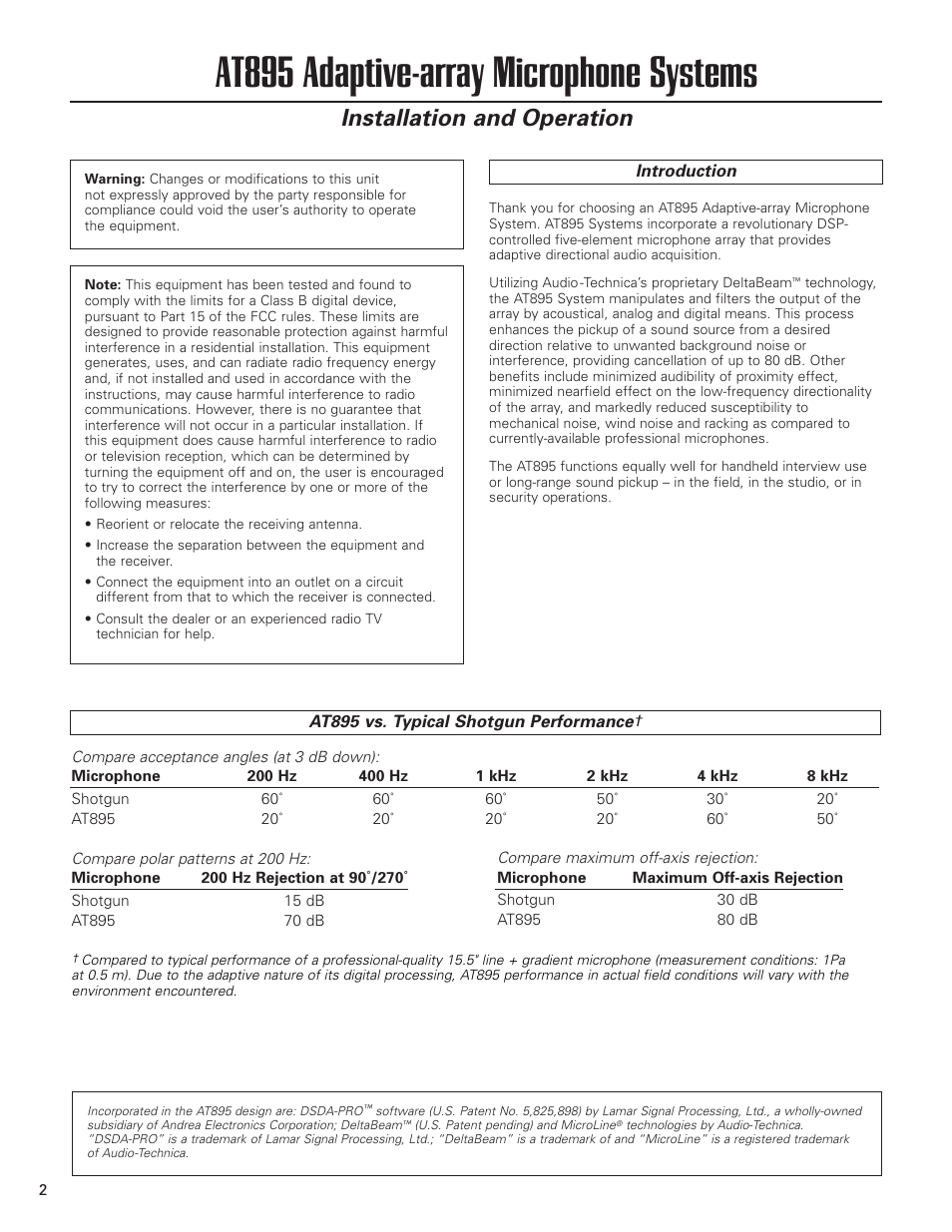 At895 adaptive-array microphone systems, Installation and operation | Audio-Technica AT895 User Manual | Page 2 / 8
