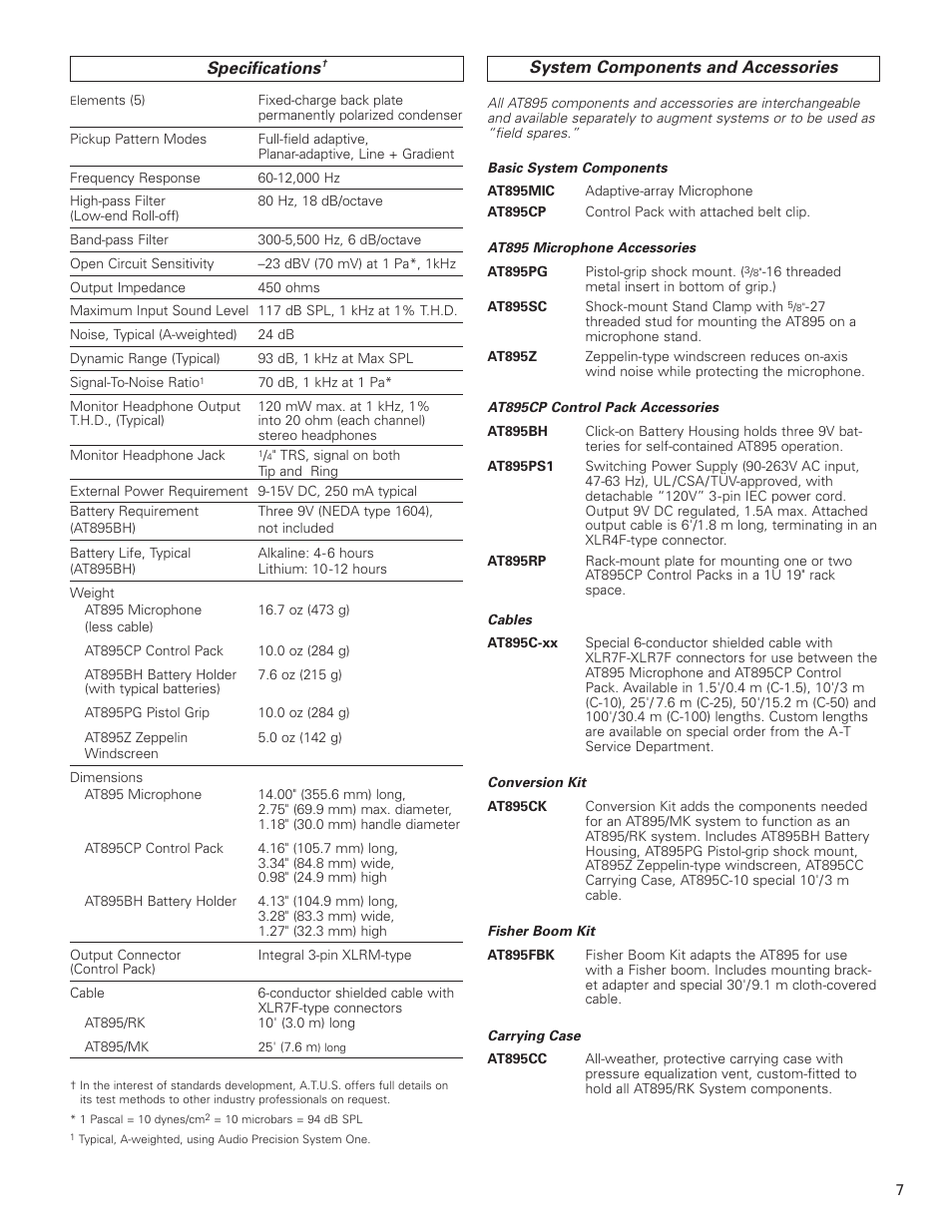 Specifications, System components and accessories | Audio-Technica AT895 User Manual | Page 7 / 8