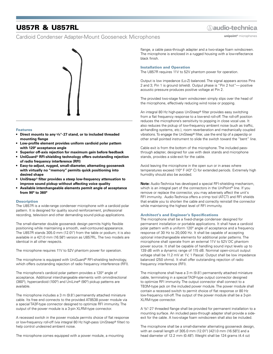 Audio-Technica U857RL User Manual | 2 pages