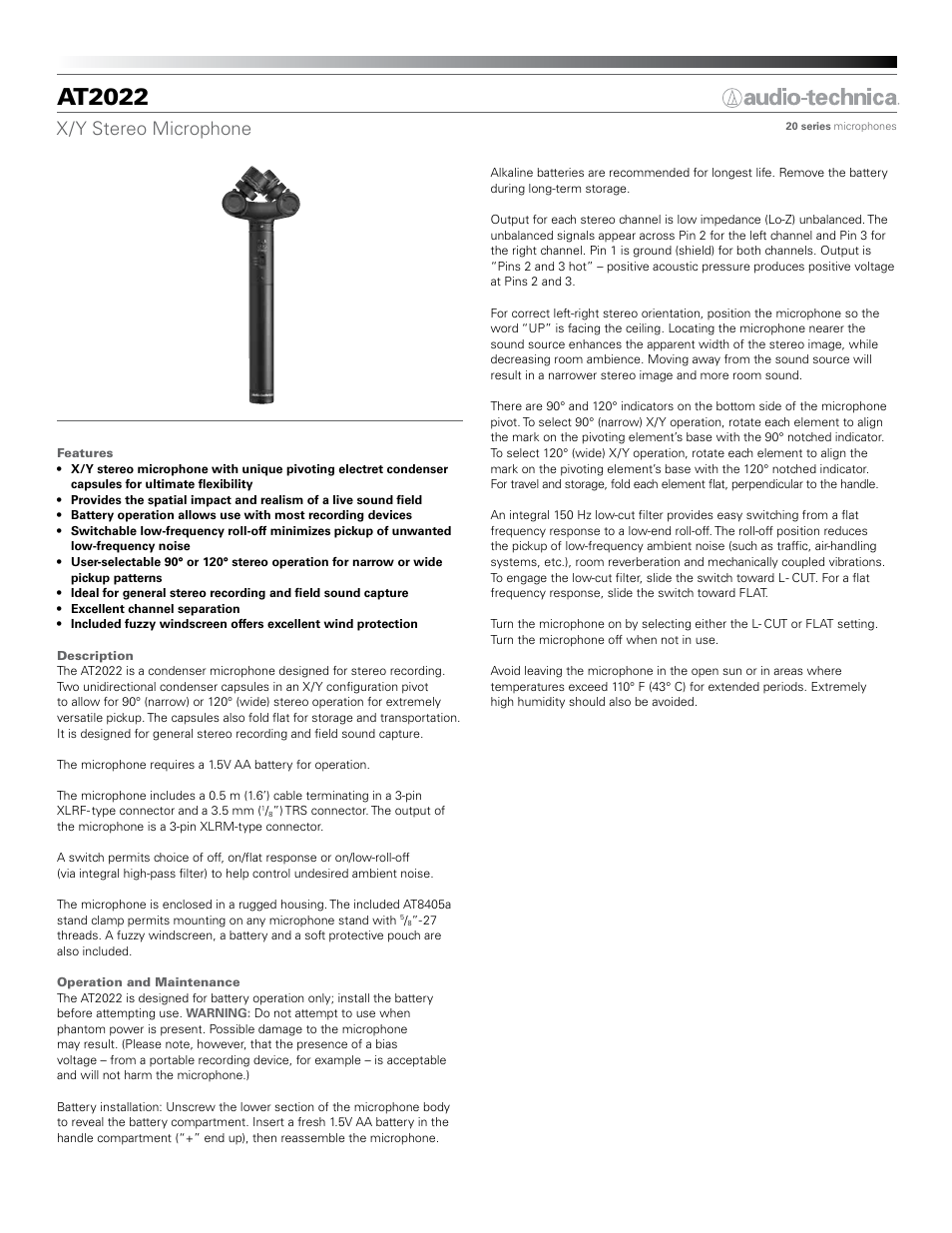 Audio-Technica X/Y AT2022 User Manual | 2 pages