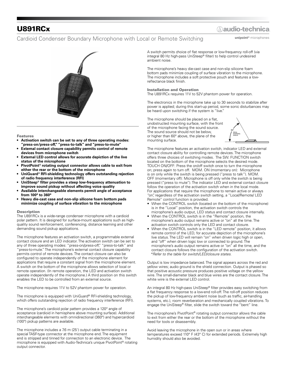 Audio-Technica U891RCX User Manual | 2 pages