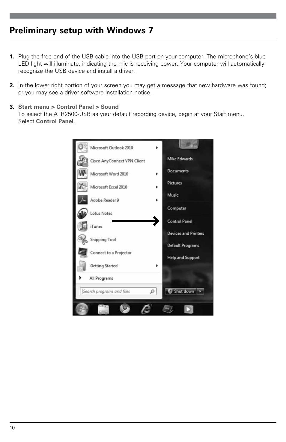 Preliminary setup with windows 7 | Audio-Technica ATR2500-USB User Manual | Page 10 / 16