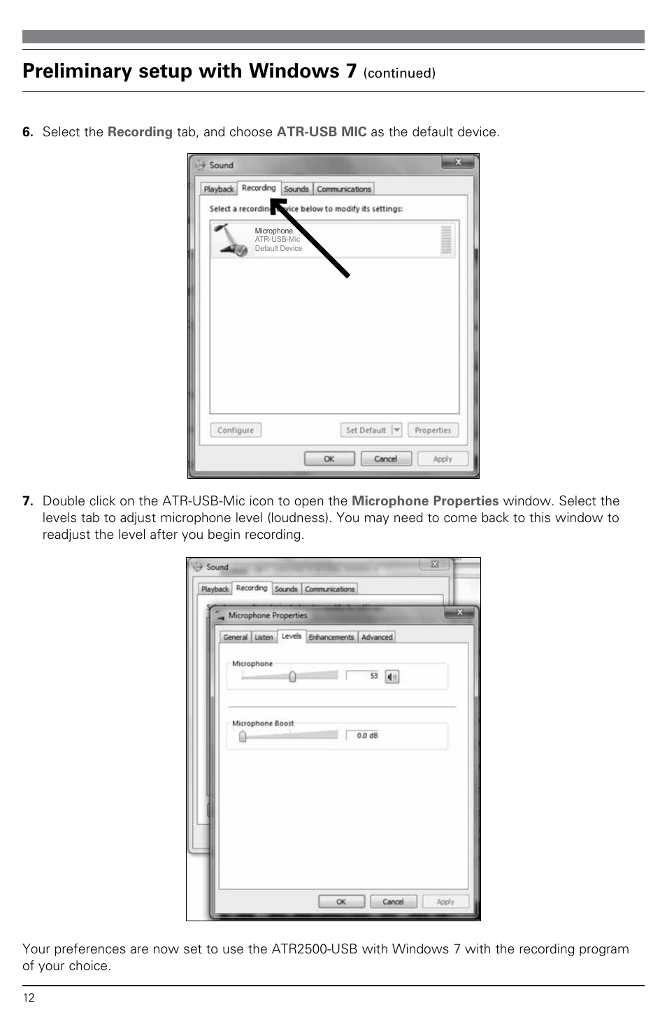 Preliminary setup with windows 7 | Audio-Technica ATR2500-USB User Manual | Page 12 / 16