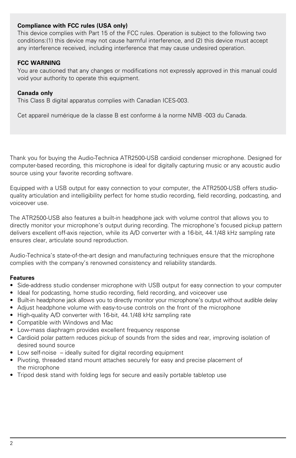 Audio-Technica ATR2500-USB User Manual | Page 2 / 16