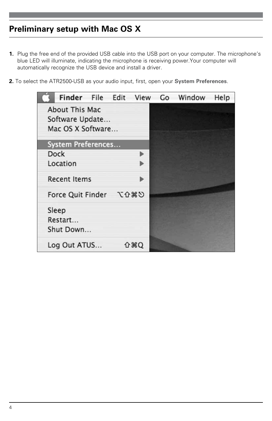 Preliminary setup with mac os x | Audio-Technica ATR2500-USB User Manual | Page 4 / 16