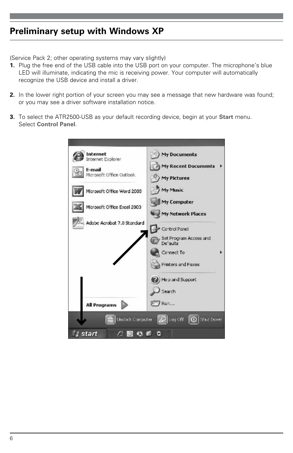 Preliminary setup with windows xp | Audio-Technica ATR2500-USB User Manual | Page 6 / 16