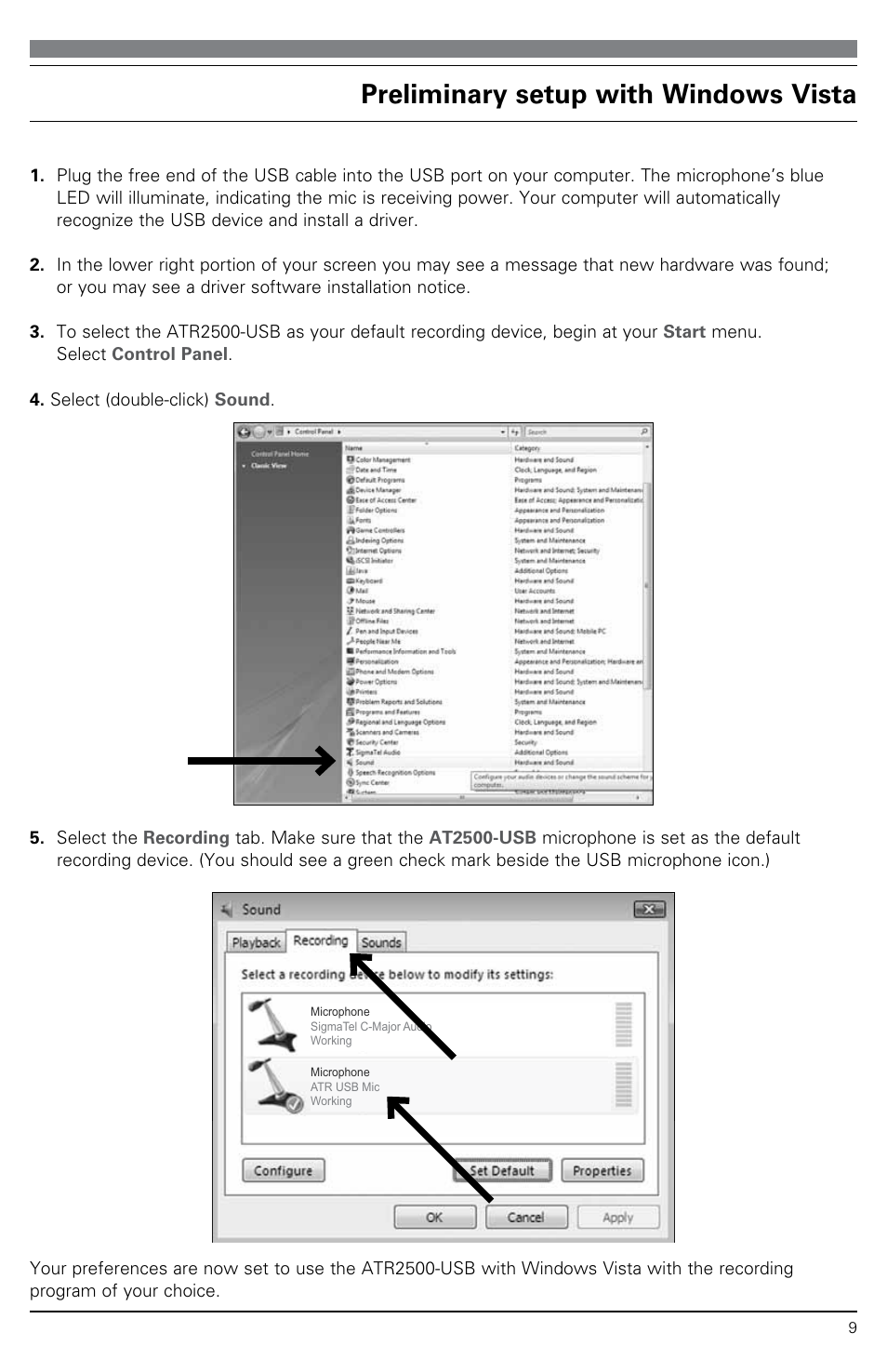 Preliminary setup with windows vista | Audio-Technica ATR2500-USB User Manual | Page 9 / 16