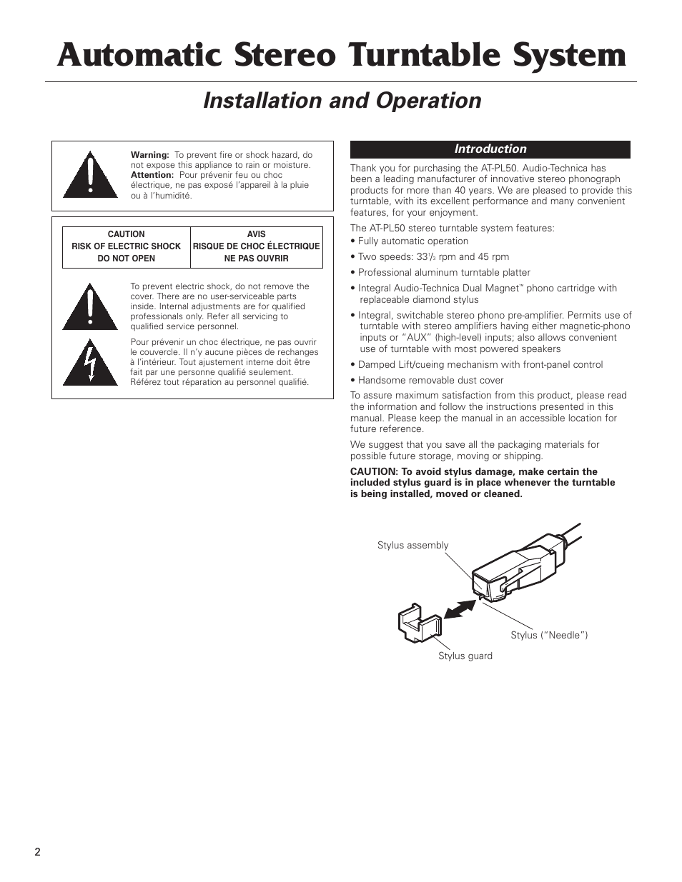 Automatic stereo turntable system, Installation and operation | Audio-Technica AT-PL50 User Manual | Page 2 / 8