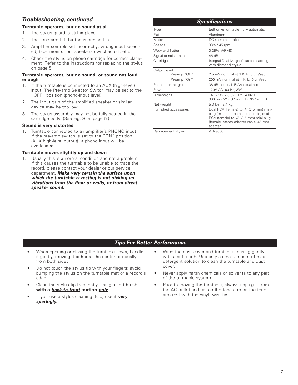 Specifications, Tips for better performance, Troubleshooting, continued | Audio-Technica AT-PL50 User Manual | Page 7 / 8