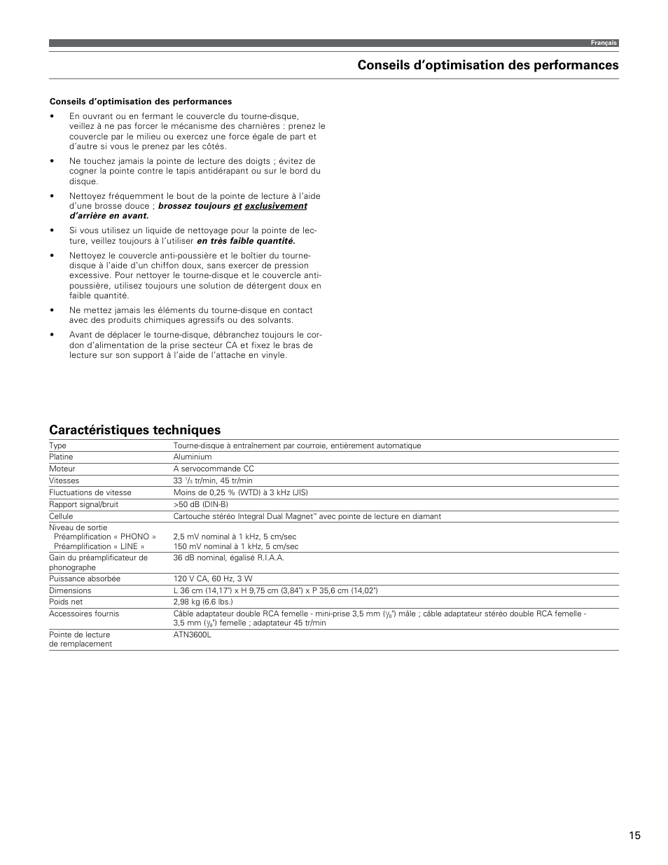 Conseils d’optimisation des performances, Caractéristiques techniques | Audio-Technica AT-LP60 User Manual | Page 15 / 24