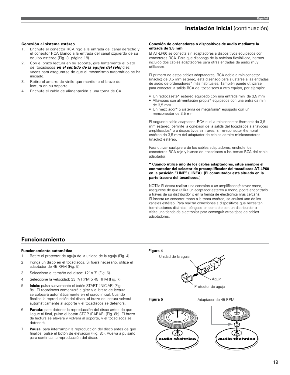Instalación inicial (continuación), Funcionamiento | Audio-Technica AT-LP60 User Manual | Page 19 / 24