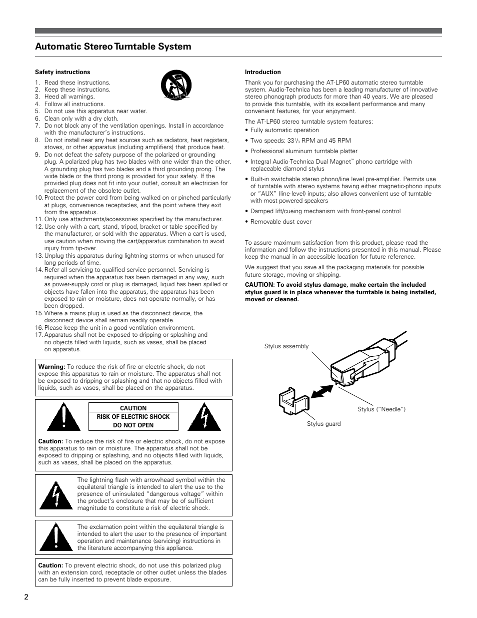 Automatic stereo turntable system | Audio-Technica AT-LP60 User Manual | Page 2 / 24