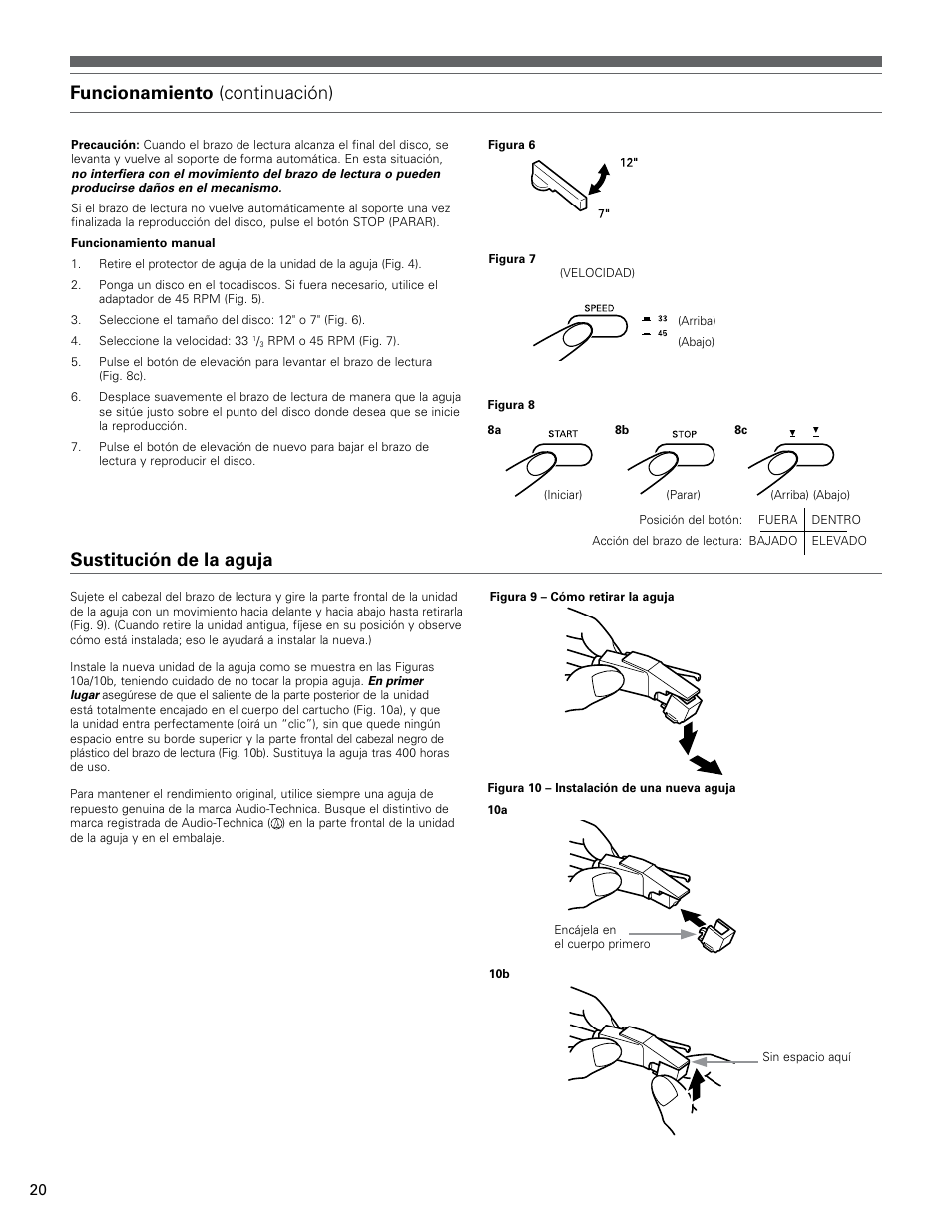 Funcionamiento (continuación), Sustitución de la aguja | Audio-Technica AT-LP60 User Manual | Page 20 / 24