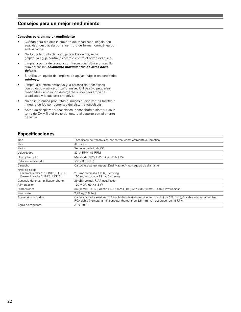 Consejos para un mejor rendimiento, Especificaciones | Audio-Technica AT-LP60 User Manual | Page 22 / 24
