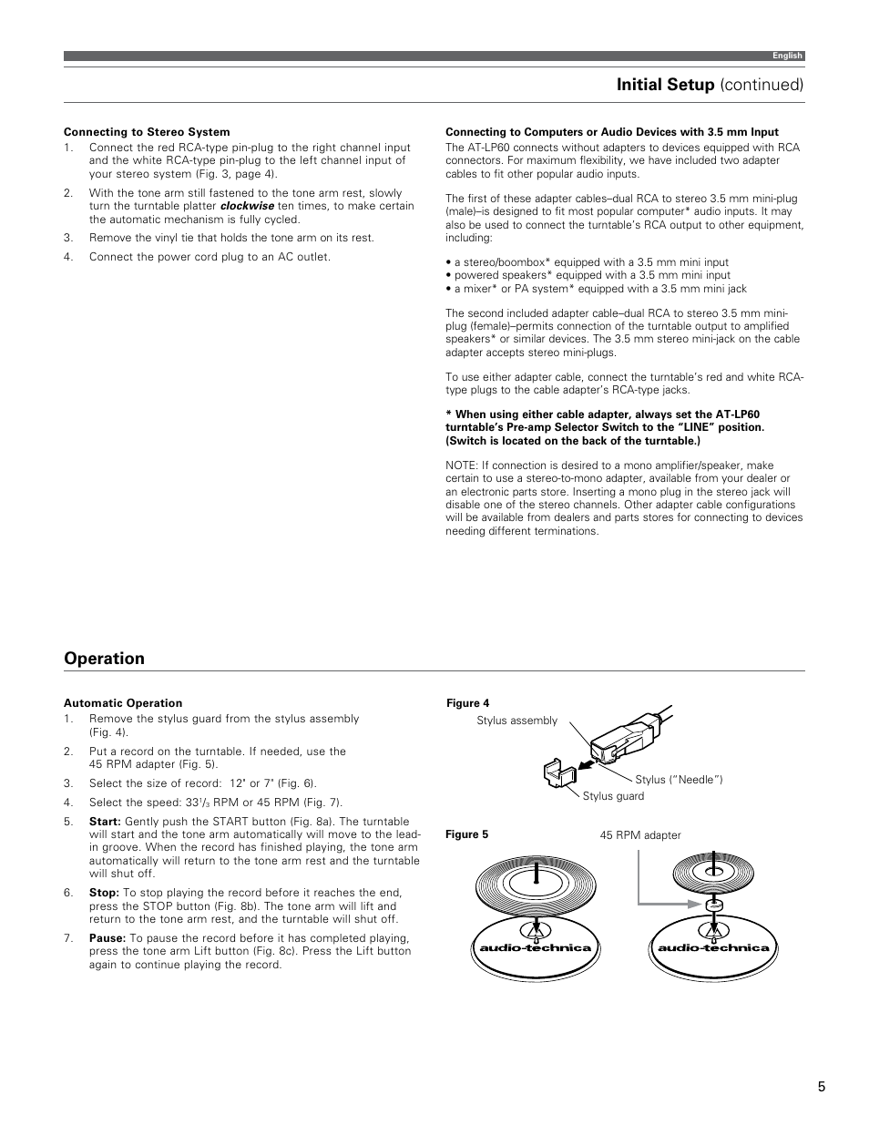 Initial setup (continued) operation | Audio-Technica AT-LP60 User Manual | Page 5 / 24