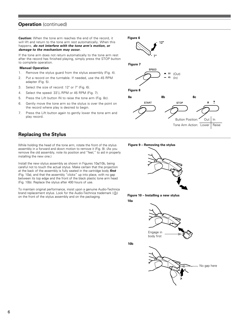 Operation (continued) replacing the stylus | Audio-Technica AT-LP60 User Manual | Page 6 / 24
