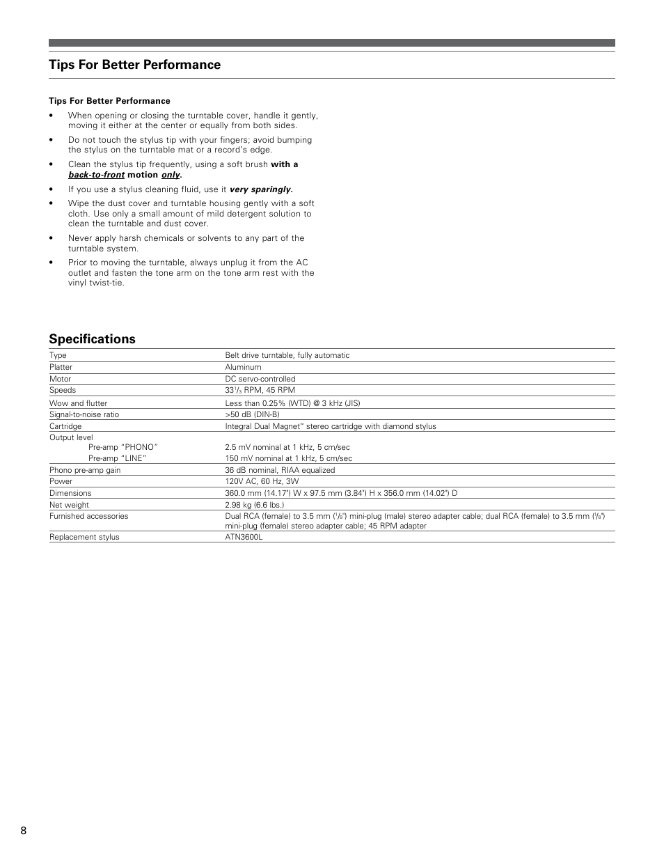 Tips for better performance, Specifications | Audio-Technica AT-LP60 User Manual | Page 8 / 24
