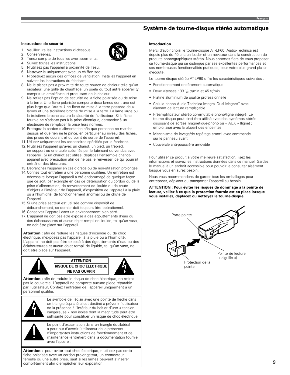 Système de tourne-disque stéréo automatique | Audio-Technica AT-LP60 User Manual | Page 9 / 24