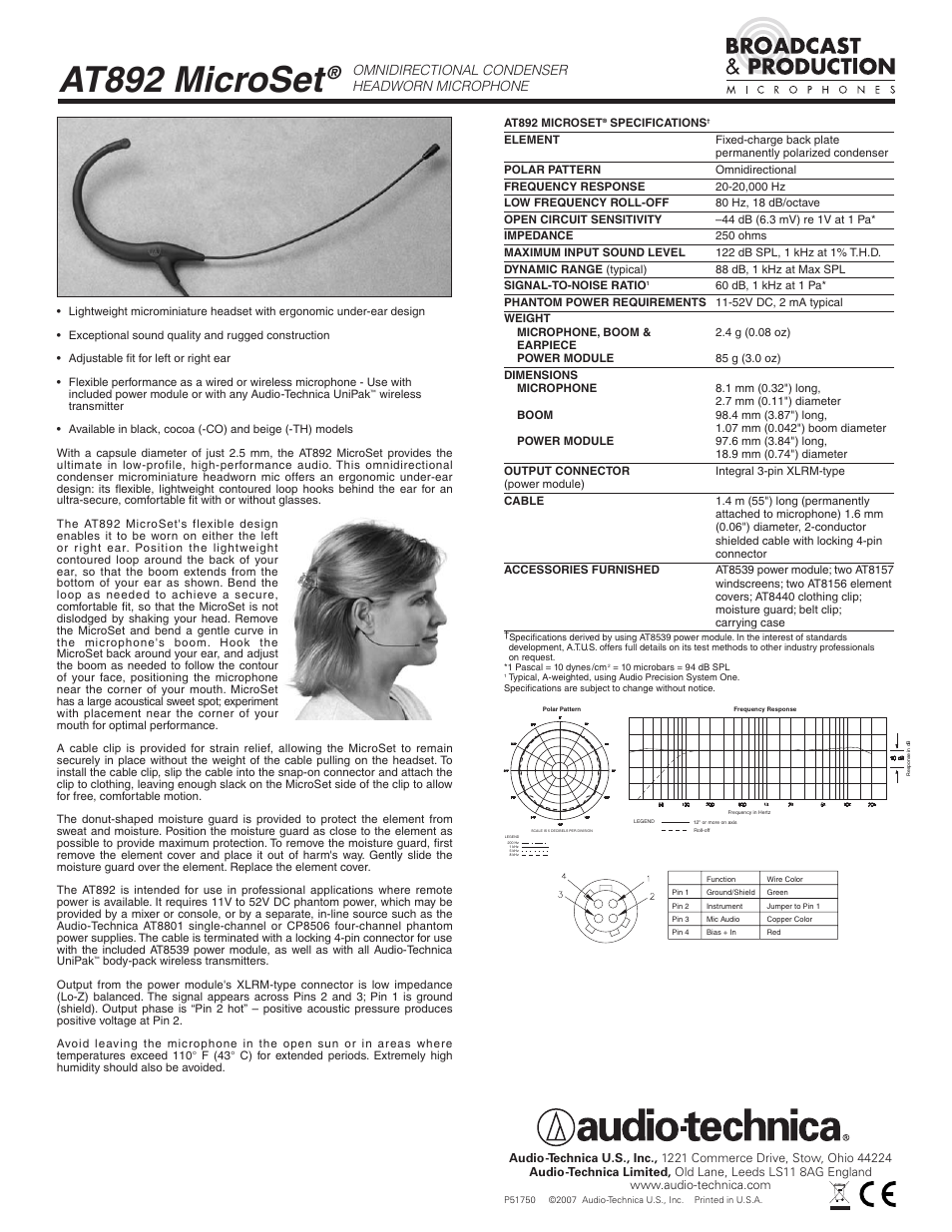 Audio-Technica MICROSET AT892 User Manual | 1 page