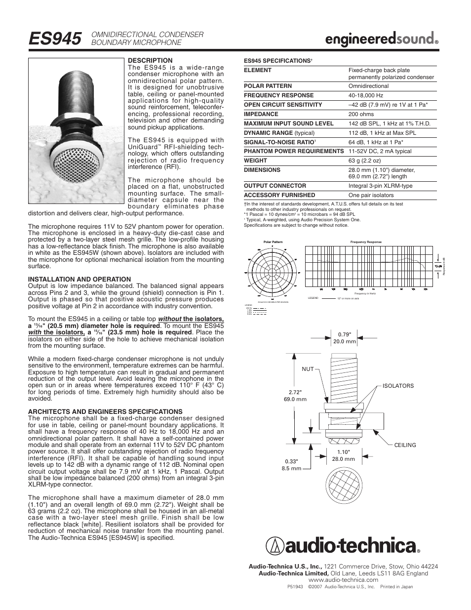 Audio-Technica ES945 User Manual | 1 page