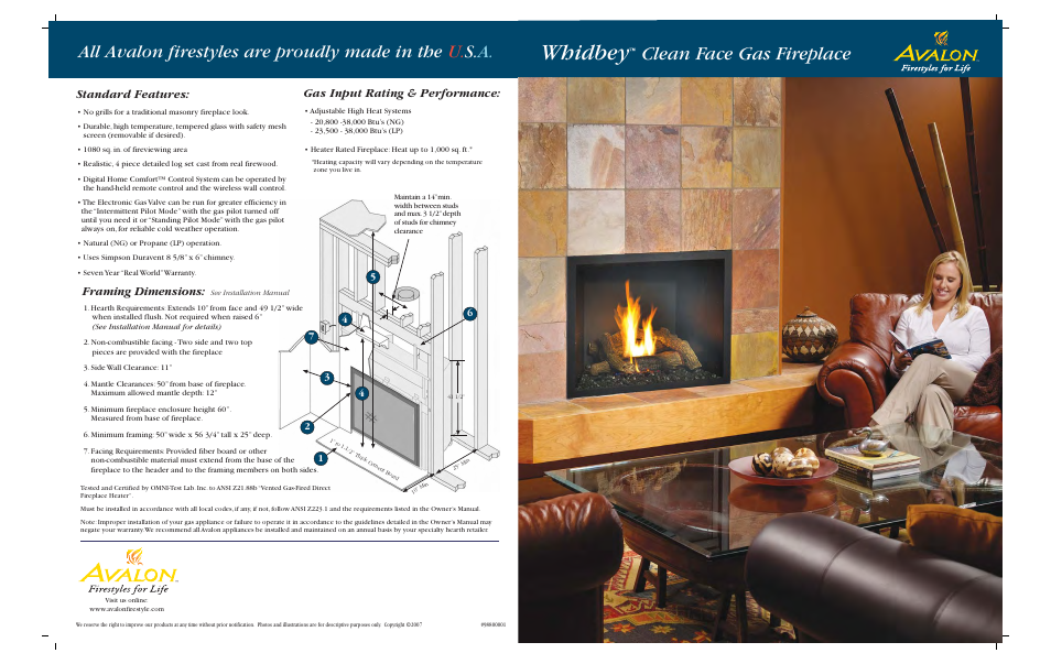 Whidbey, Clean face gas fireplace, Framing dimensions | Standard features, Gas input rating & performance | Avalon Stoves Whidbey User Manual | Page 4 / 4