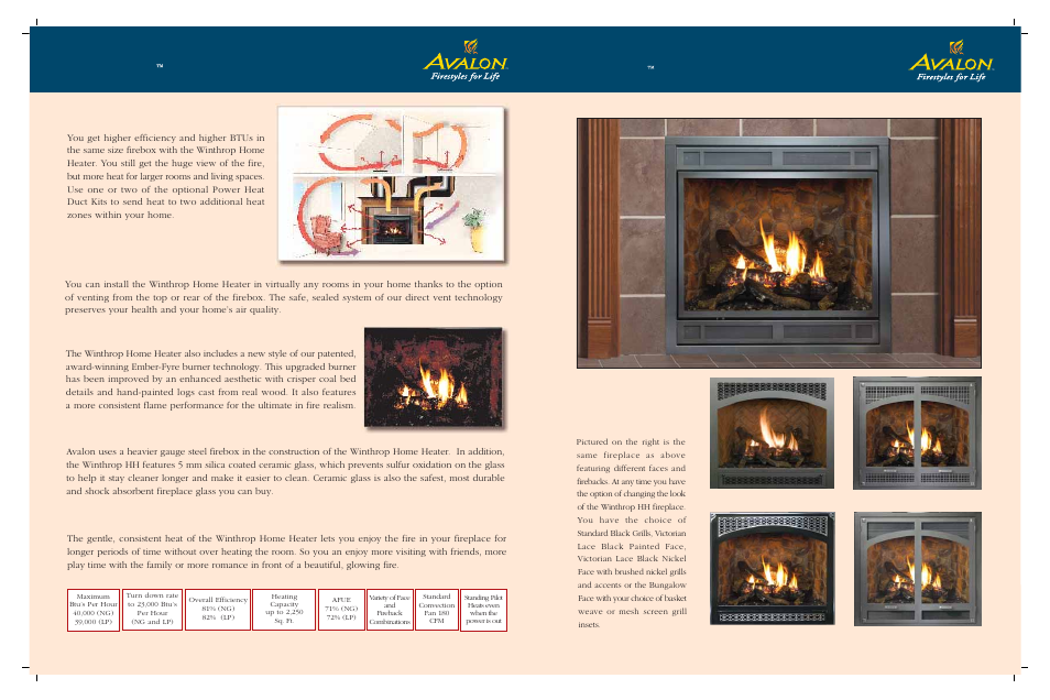 Hh gas fireplace, Gas fireplace faces, Winthrop | Inthrop fireplace face options, Heating efficiency, Home comfort, Durability, Award winning flames, Installation flexibility | Avalon Stoves Winthrop HH User Manual | Page 10 / 16