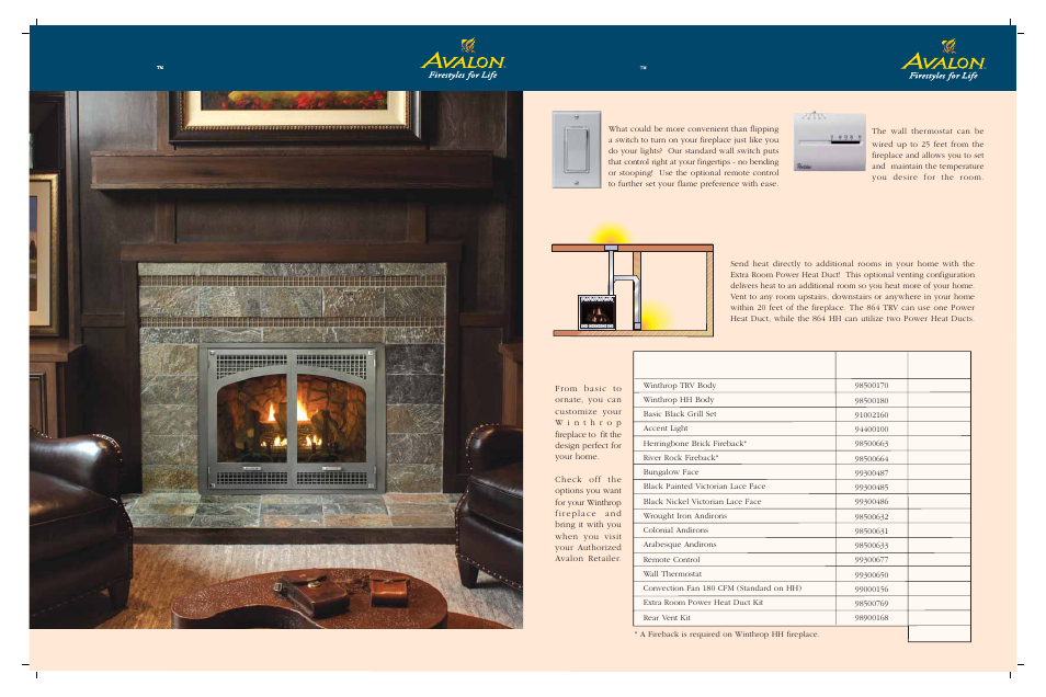 Gas fireplaces, Winthrop, Gas fireplaces options | Extra room power heat duct kit, Wall thermostat | Avalon Stoves Winthrop HH User Manual | Page 13 / 16