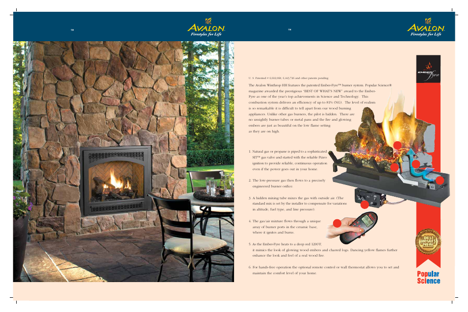 Gas fireplaces, Hh gas fireplace, Winthrop | Is it a wood or gas fire, How it works, Patented ember-fyre, Burner featured on the winthrop hh | Avalon Stoves Winthrop HH User Manual | Page 6 / 16