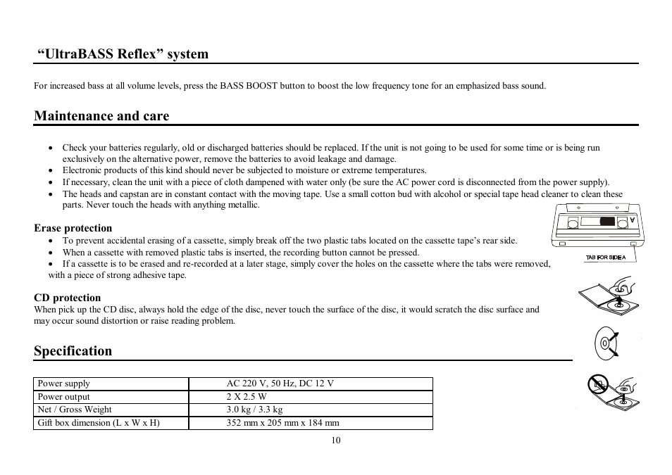 Ultrabass reflex system, Maintenance and care, Specification | Hyundai H-1404 User Manual | Page 10 / 20