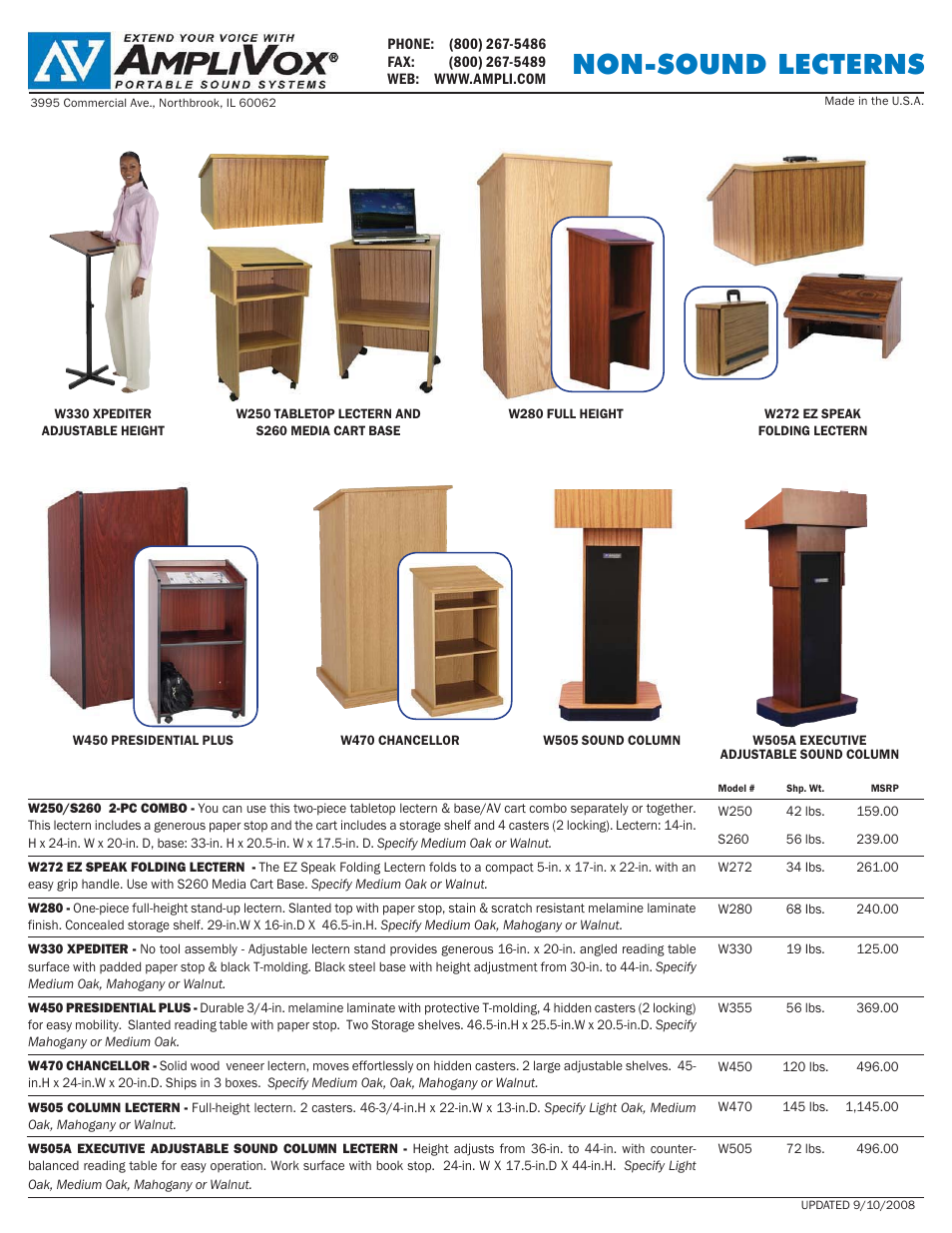 AmpliVox Non-Sound Lecterns W280 User Manual | 2 pages