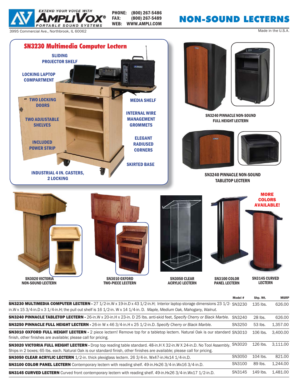 Non-sound lecterns, Sn3230 multimedia computer lectern | AmpliVox Non-Sound Lecterns W280 User Manual | Page 2 / 2